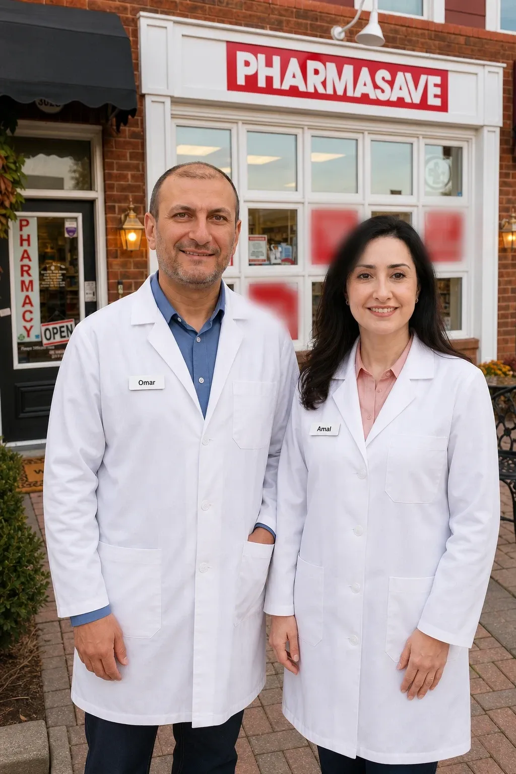 Amal and Omar in front of 2 Care Pharmacy at 2-3028 Bur Oak Ave