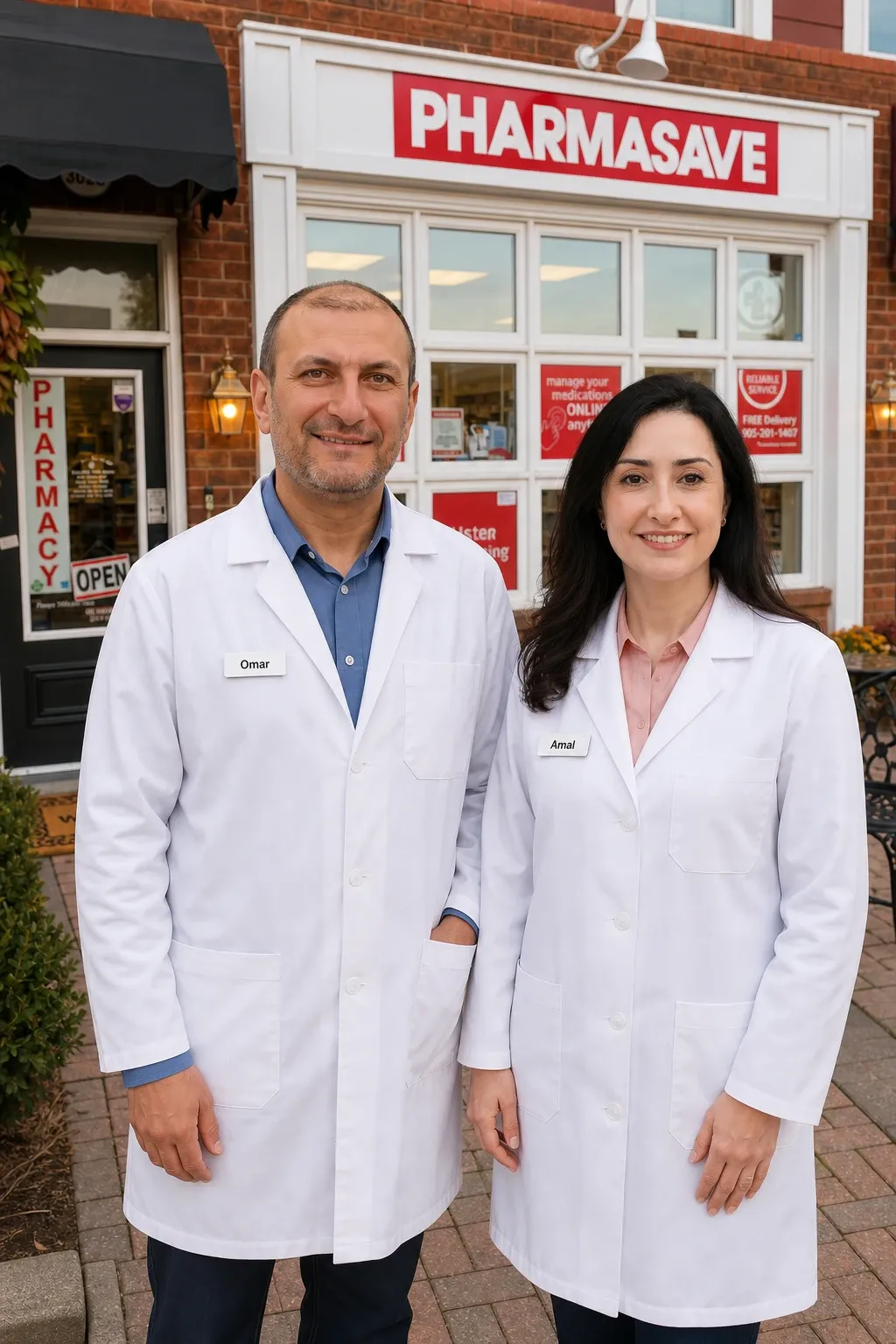 Amal and Omar in front of 2 Care Pharmacy at 3028 Bur Oak Avenue