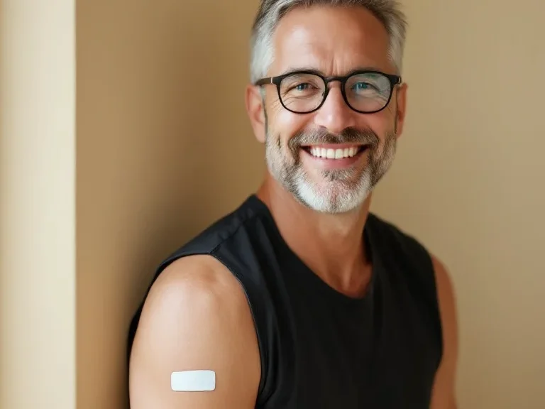 Smiling patient with a bandage on the upper arm after a vaccination at Pharmasave - 2 Care Pharmacy